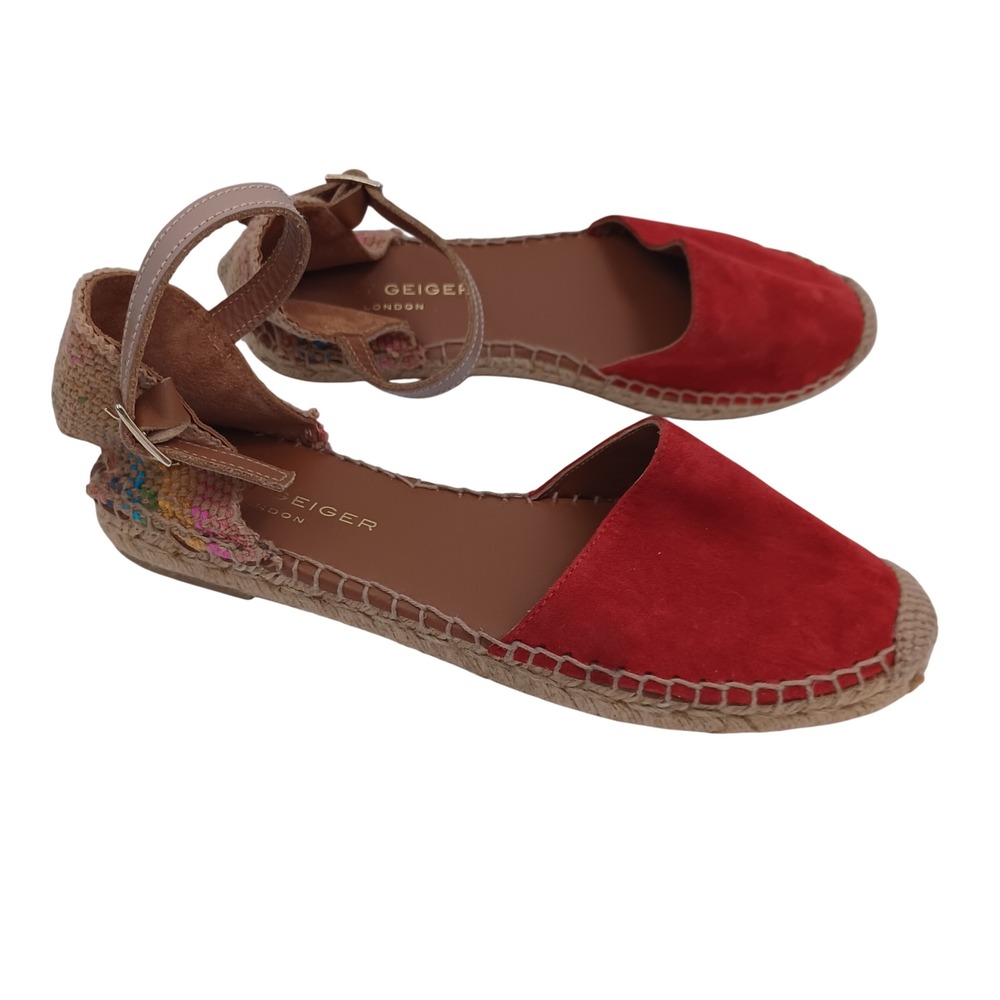 Kurt Geiger London Red Suede Espadrille Flats Ankle Strap Multi Woven Heel US 9